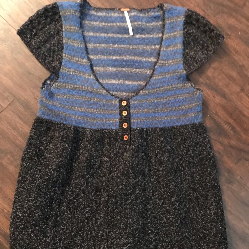 Cozy Blue Stripe and Charcoal Knit Women's Sweater Dress